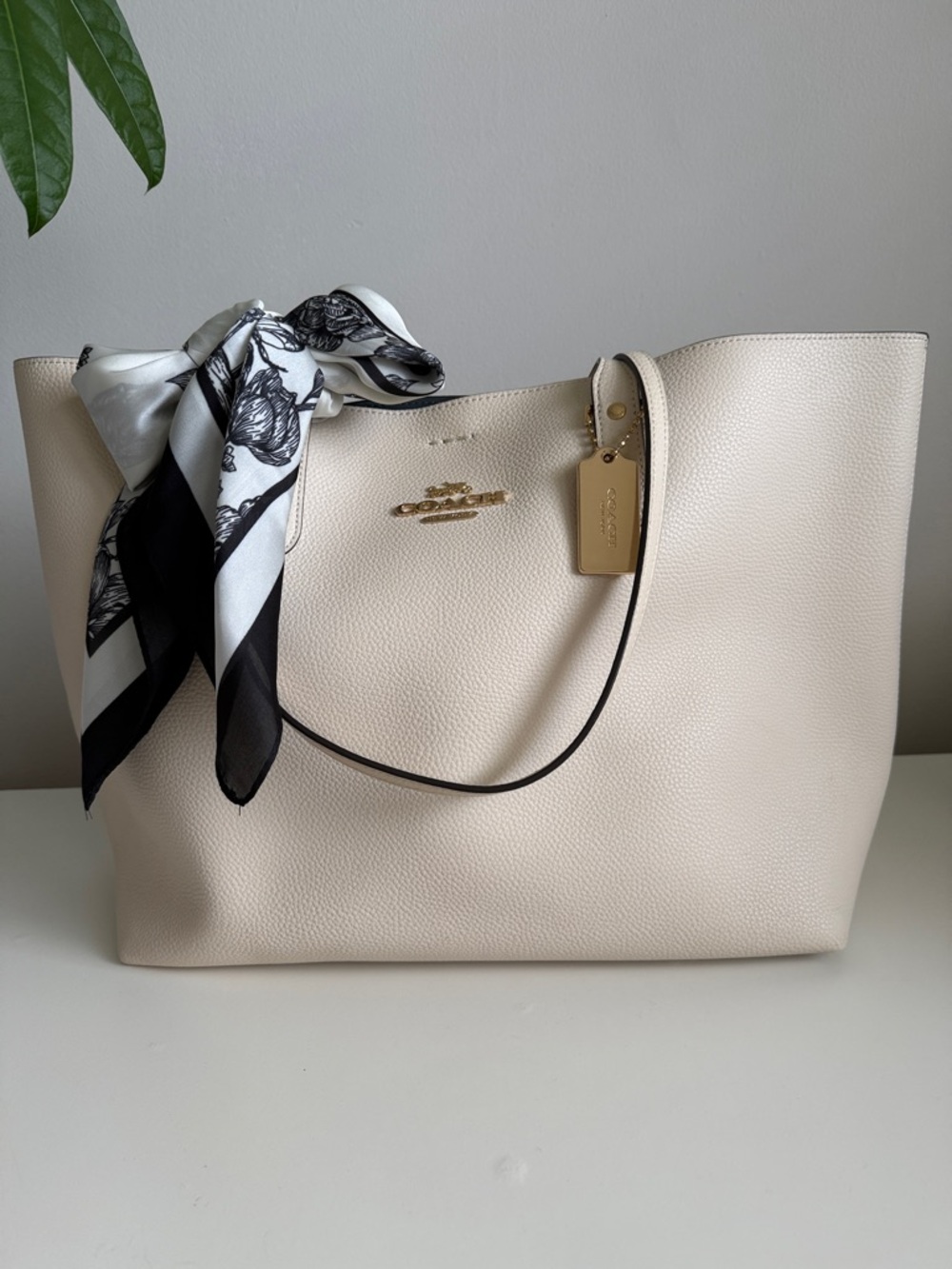 Coach Pebbled Chalk Leather Town Tote with Brown Pouch and a scarf accent - Picture 2 of 13